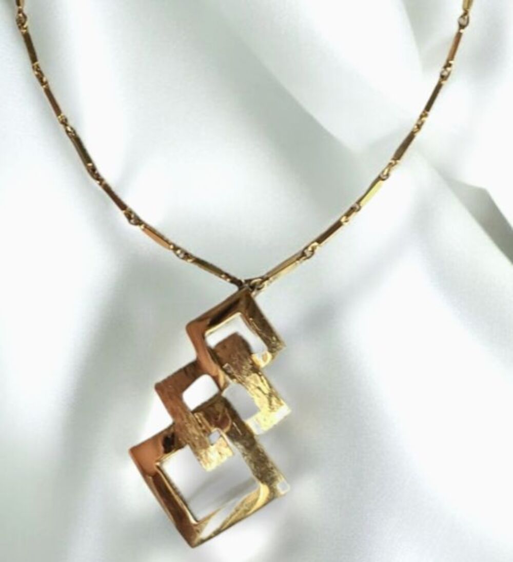 Monet Triple Frame Diagonal Pendant on Long Link Chain Signed Gold Tone